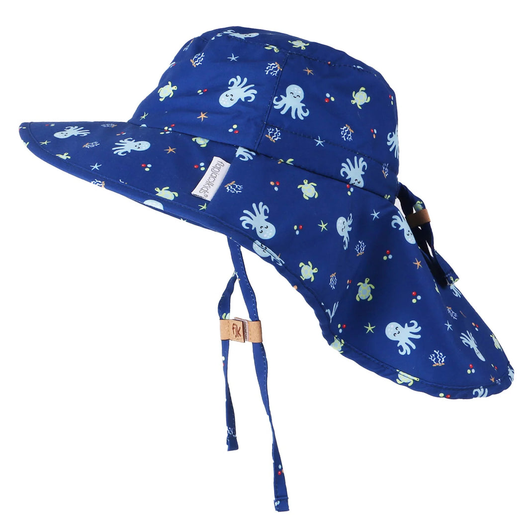 Kids UPF50+ Patterned Sun Hat with Neck Cape - Octopus