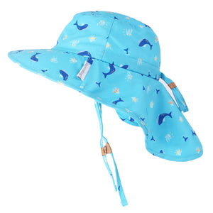 Kids UPF50+ Patterned Sun Hat with Neck Cape- Blue Whale