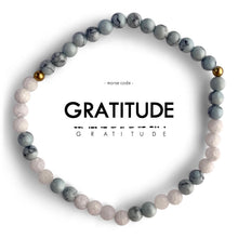 Load image into Gallery viewer, Morse Code Bracelet | GRATITUDE, Light Blue Howlite & Frosted White Quartz