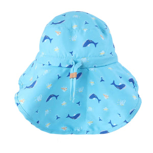 Kids UPF50+ Patterned Sun Hat with Neck Cape- Blue Whale