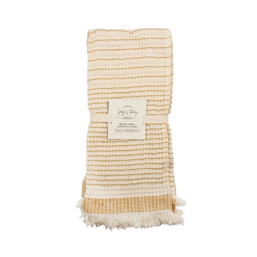 Pin Stripe Waffle Fringe Tea Towel, Dijon