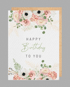 Pink Floral Happy Birthday Card, Rounded Corners