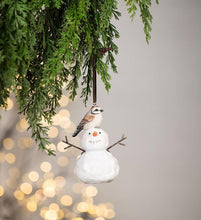 Load image into Gallery viewer, Bird On Snowman Ornament
