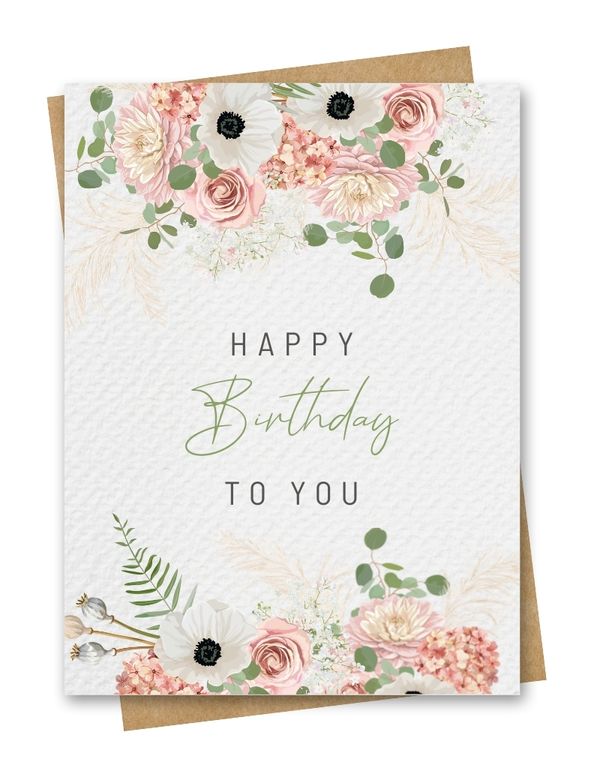 Pink Floral Happy Birthday Card, Rounded Corners