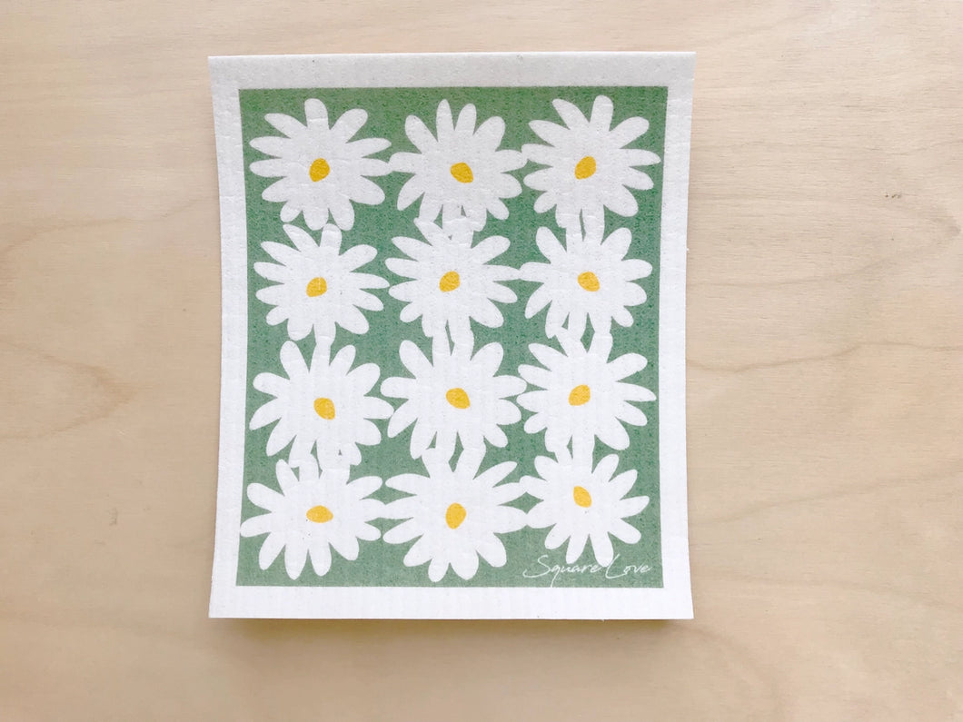 Daisies on Green Swedish Dishcloth