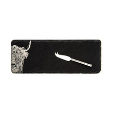 Load image into Gallery viewer, Highland Cow Slate Mini Cheeseboard + Knife Set
