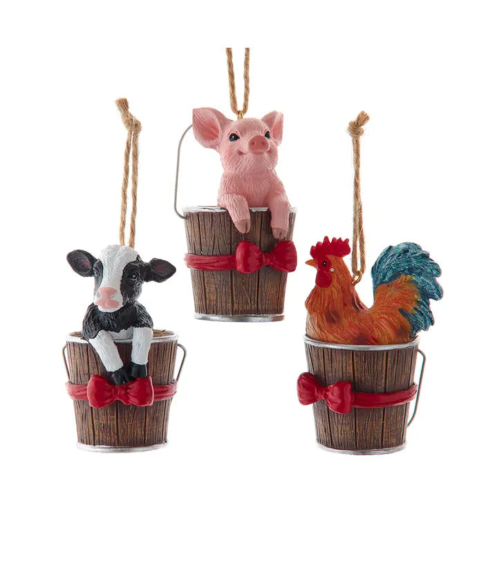 Farm Animals In Bucket Ornaments, 3 Assorted
