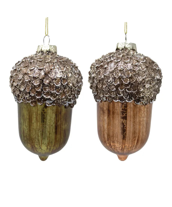 Glass Antique Gold & Green Acorn Ornaments, 2 Assorted