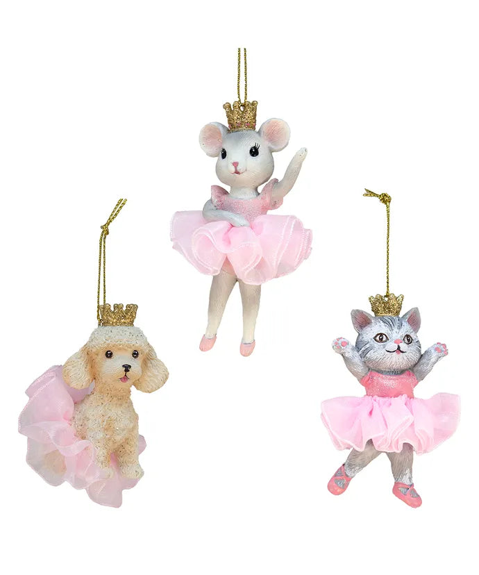 Pink Ballet Cat, Mouse & Poodle Ornaments