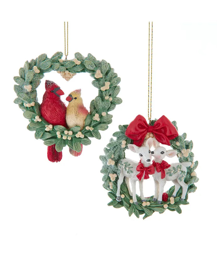 Mistletoe Wreath With Cardinal and Deer Couple Ornaments