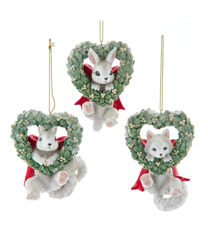 Mistletoe Wreath With Baby Bunny, Fox & Squirrel Ornaments