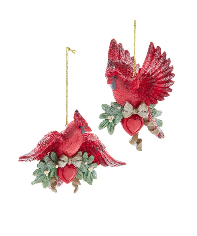 Mistletoe Cardinal With Red Heart Ornaments, Assorted