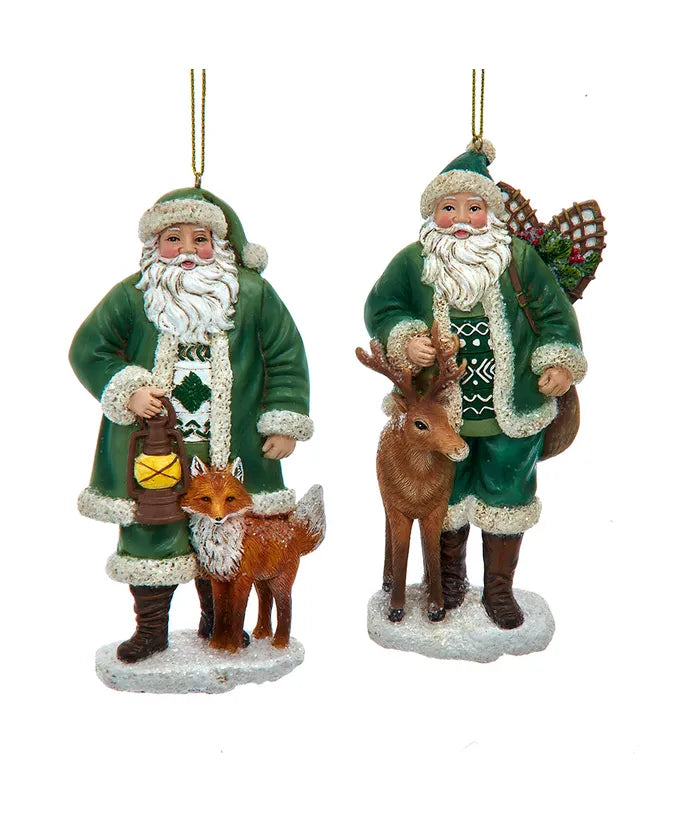 Winter Green Santa With Deer & Fox Ornaments, 2 Assorted