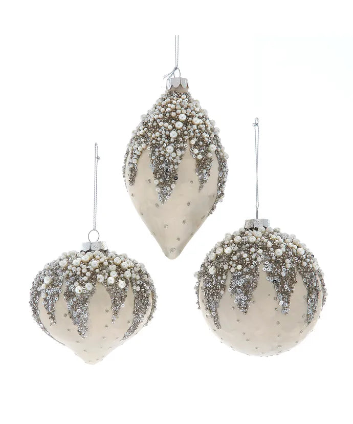 Glass Ivory Beaded Ball, Onion & Drop Ornaments, 3 Assorted