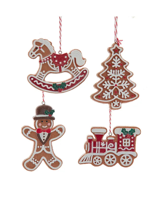 Gingerbread Man, Tree, Train & Rocking Horse Ornaments, 4 Assorted
