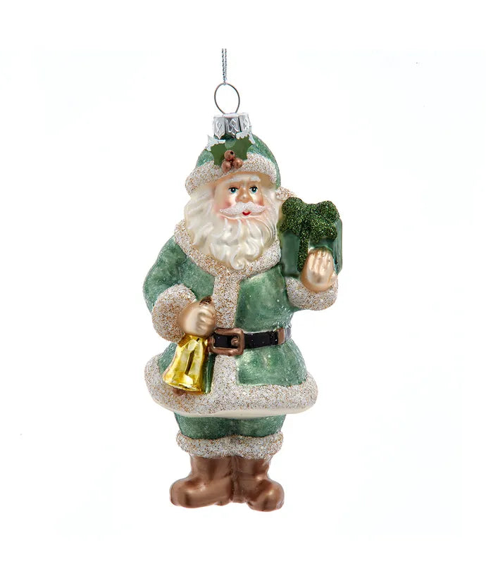 Glass Green Santa With Gift Ornament