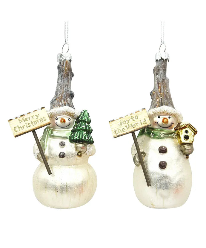 Glass Snowman With Green Scarf Ornaments, 2 Assorted