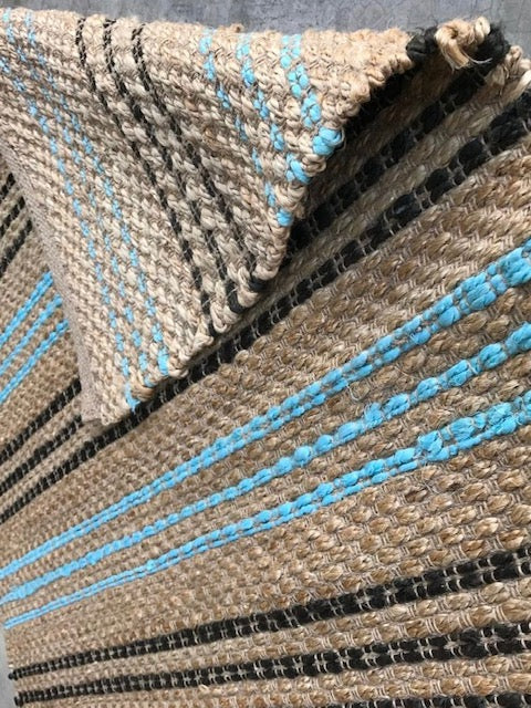 Jute Runner with Blue Weave, 2.5 x 8'
