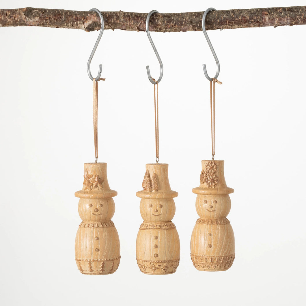 Wood Grain Hand Carved Snowman Ornament